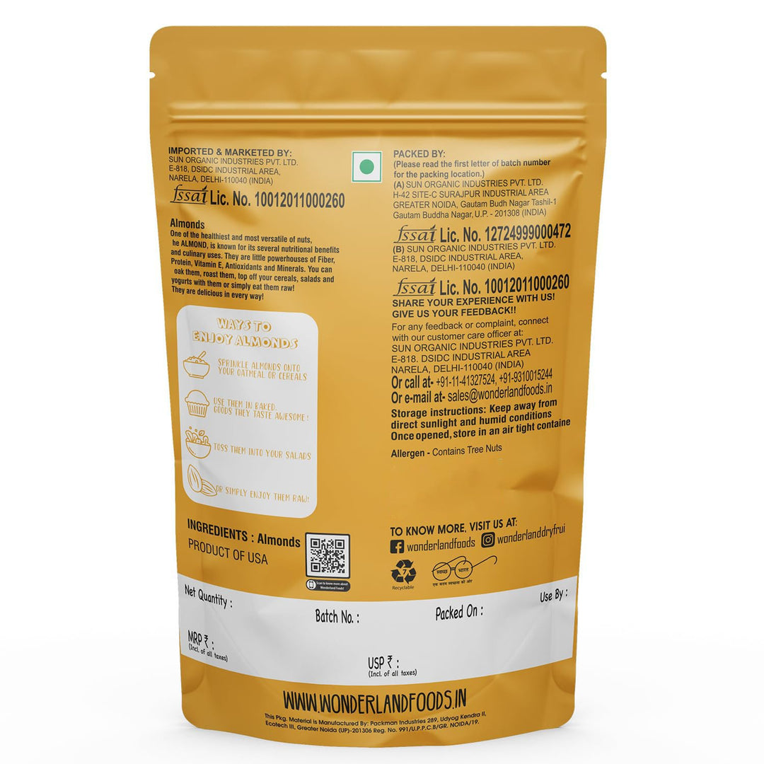 Wonderland Foods 500g Premium California Almonds Pouch