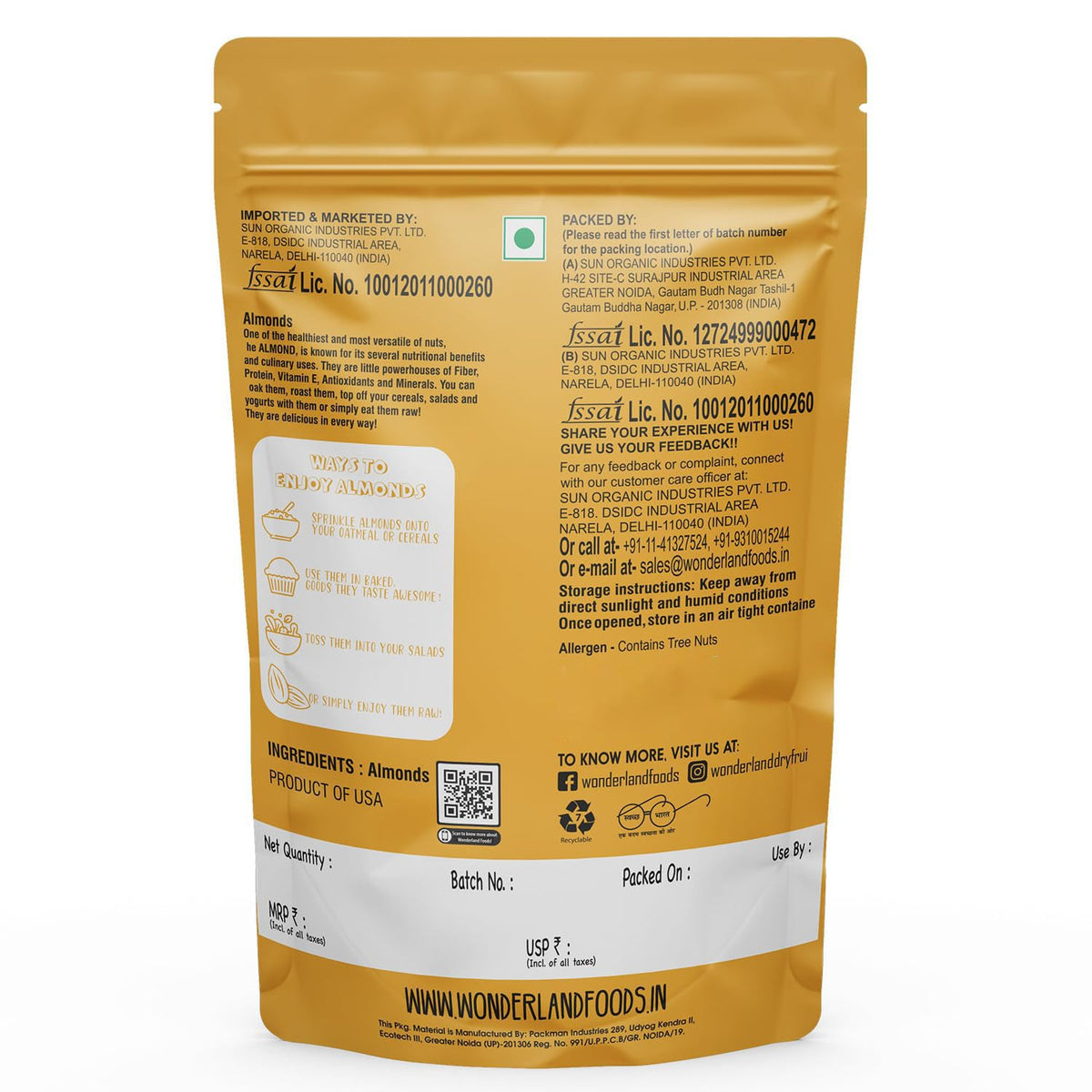Wonderland foods 500g premium california almonds pouch
