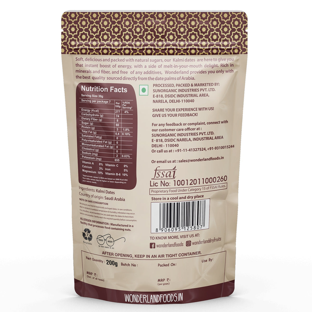 Wonderland foods 200g premium kalmi (safawi) dates box