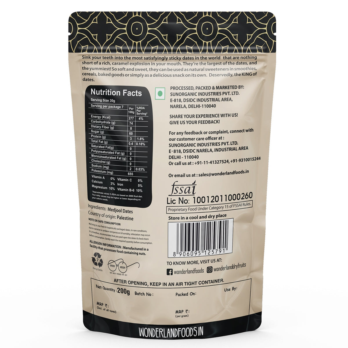 Wonderland foods 200g premium medjool dates box
