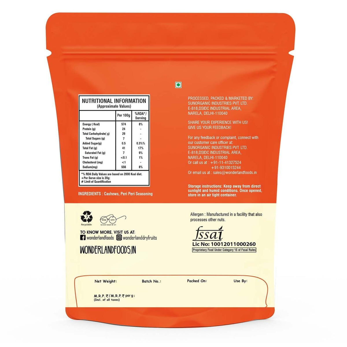Wonderland foods 70g premium peri peri flavoured cashew