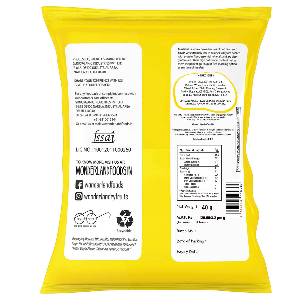 Wonderland foods 40g peri peri makhana (foxnut) pouch