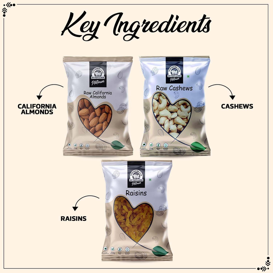 Wonderland Foods 750g (250g X 3) Premium Dry Fruits Combo of Platinum Raw Almonds, Raw Cashew & Raisins
