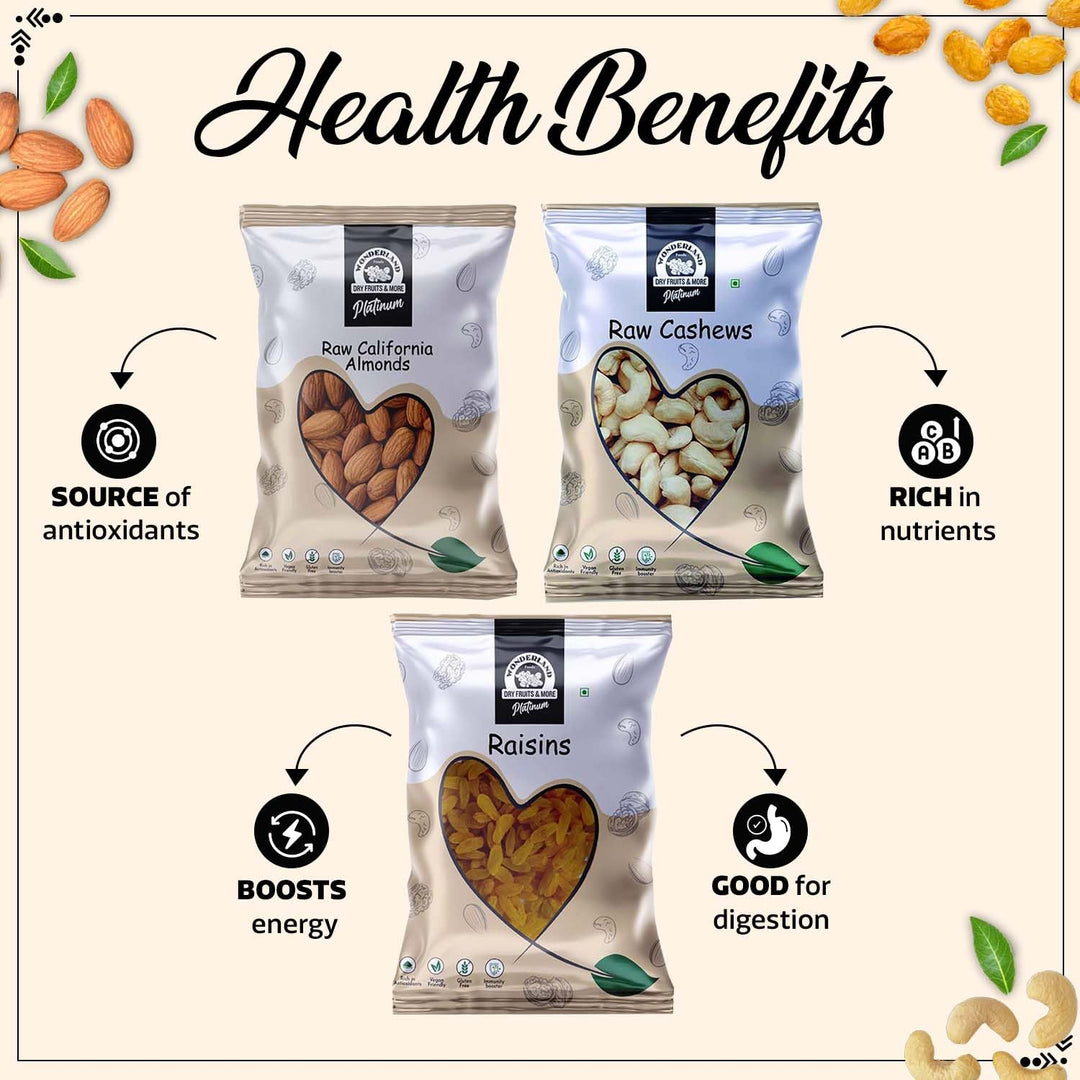 Wonderland Foods 750g (250g X 3) Premium Dry Fruits Combo of Platinum Raw Almonds, Raw Cashew & Raisins