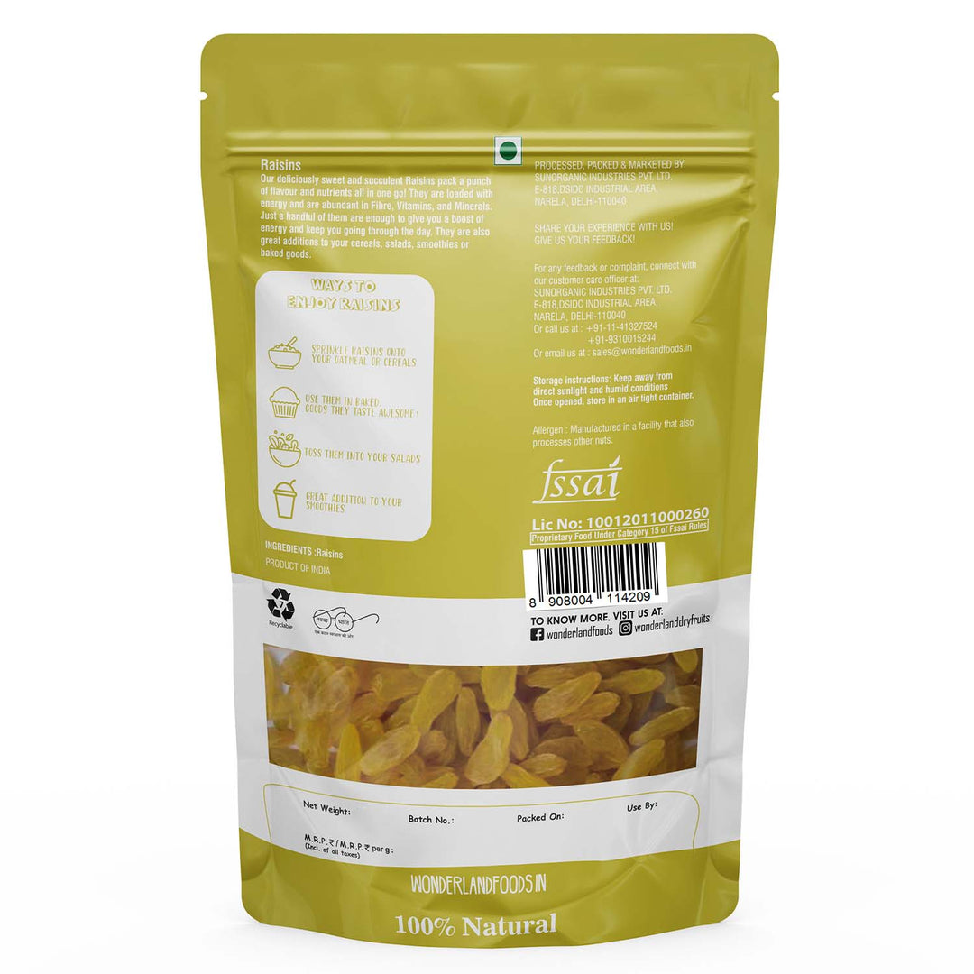 Wonderland Foods 1Kg (500g X 2) Plain Green Raisin (Kishmish) Dried Grapes Pouch