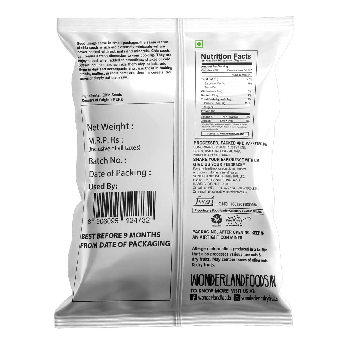 Wonderland foods 100g raw chia seeds pouch