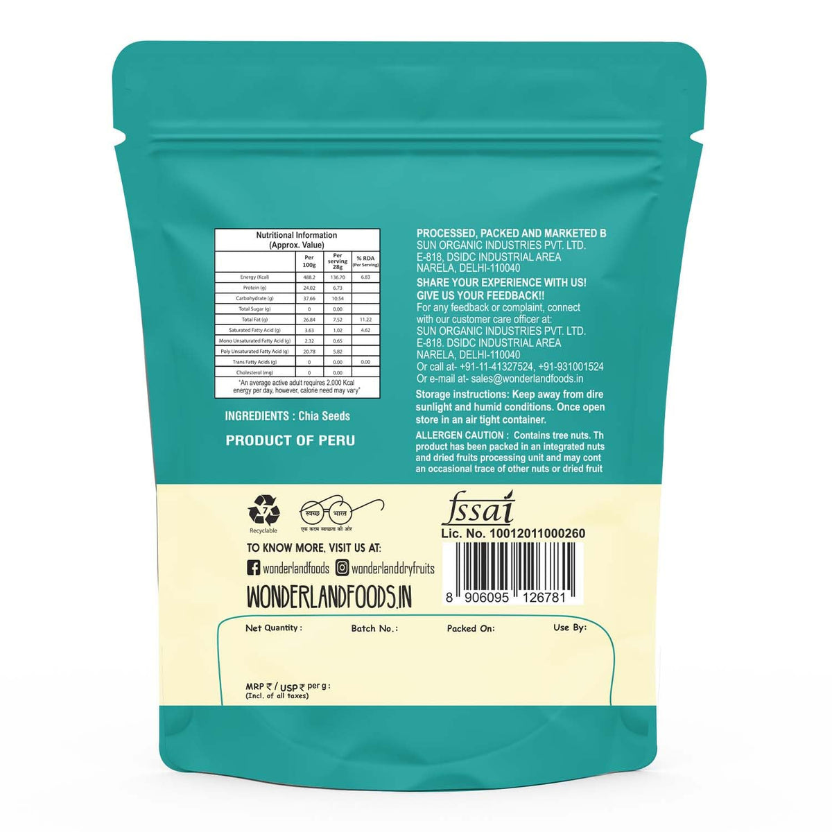 Wonderland foods 250g raw chia seeds pouch