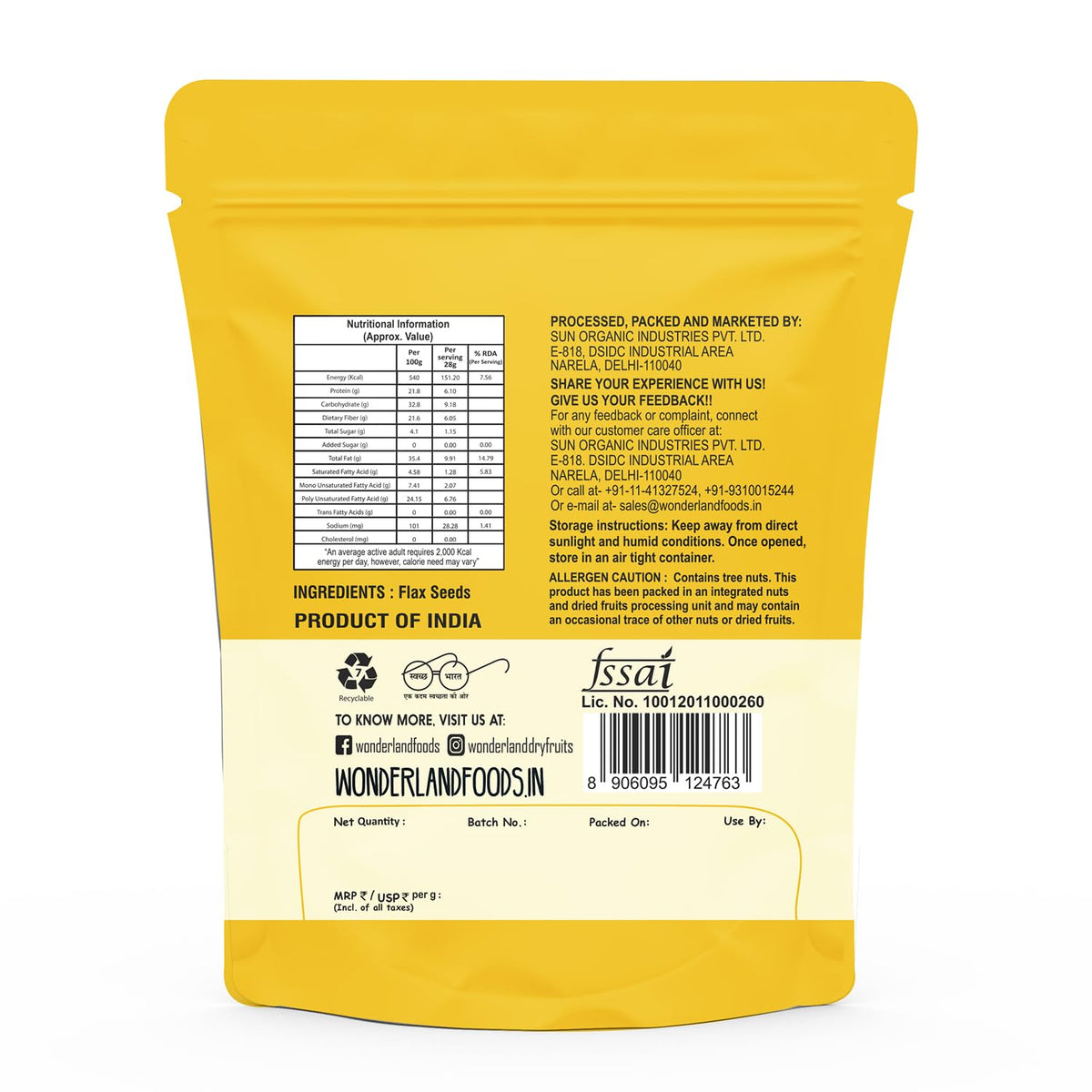 Wonderland foods 250g flax seeds (alsi seeds) pouch