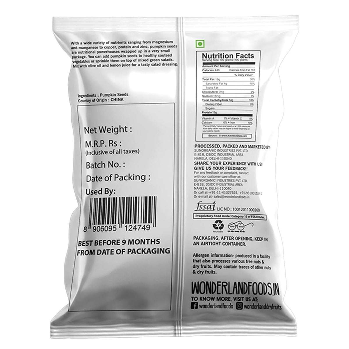 Wonderland foods 100g raw pumpkin seeds (kaddu seeds) pouch