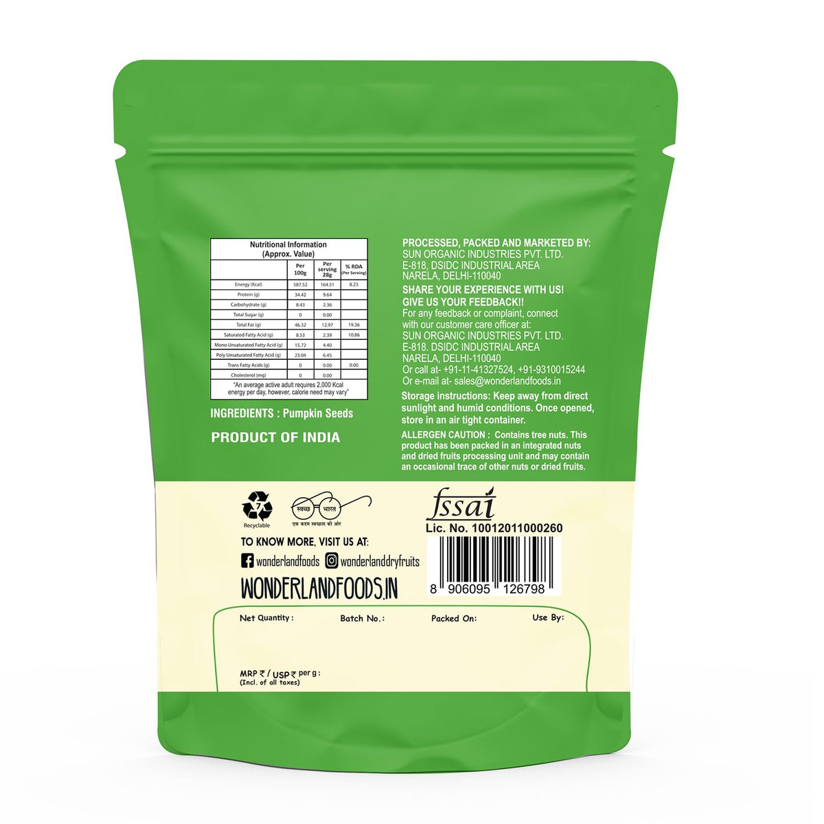 Wonderland foods 250g raw pumpkin seeds (kaddu seeds) pouch