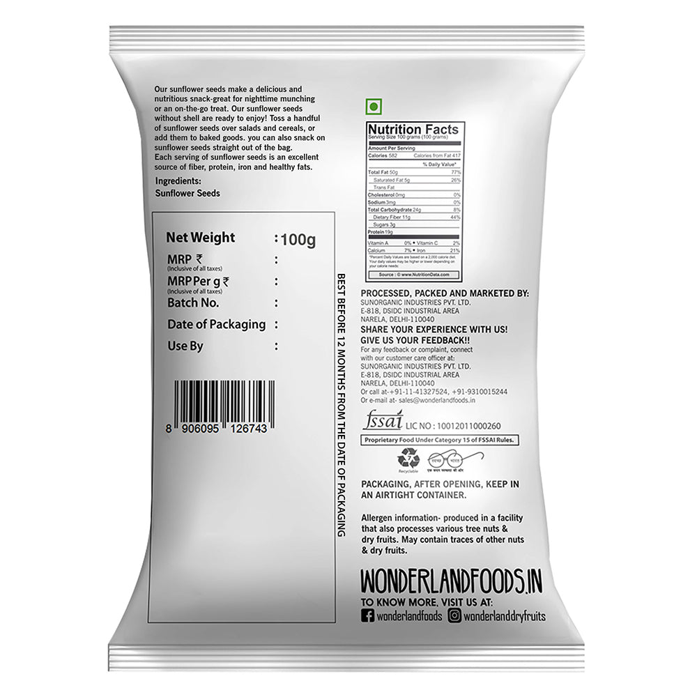Wonderland foods 100g raw premium sunflower seeds pouch