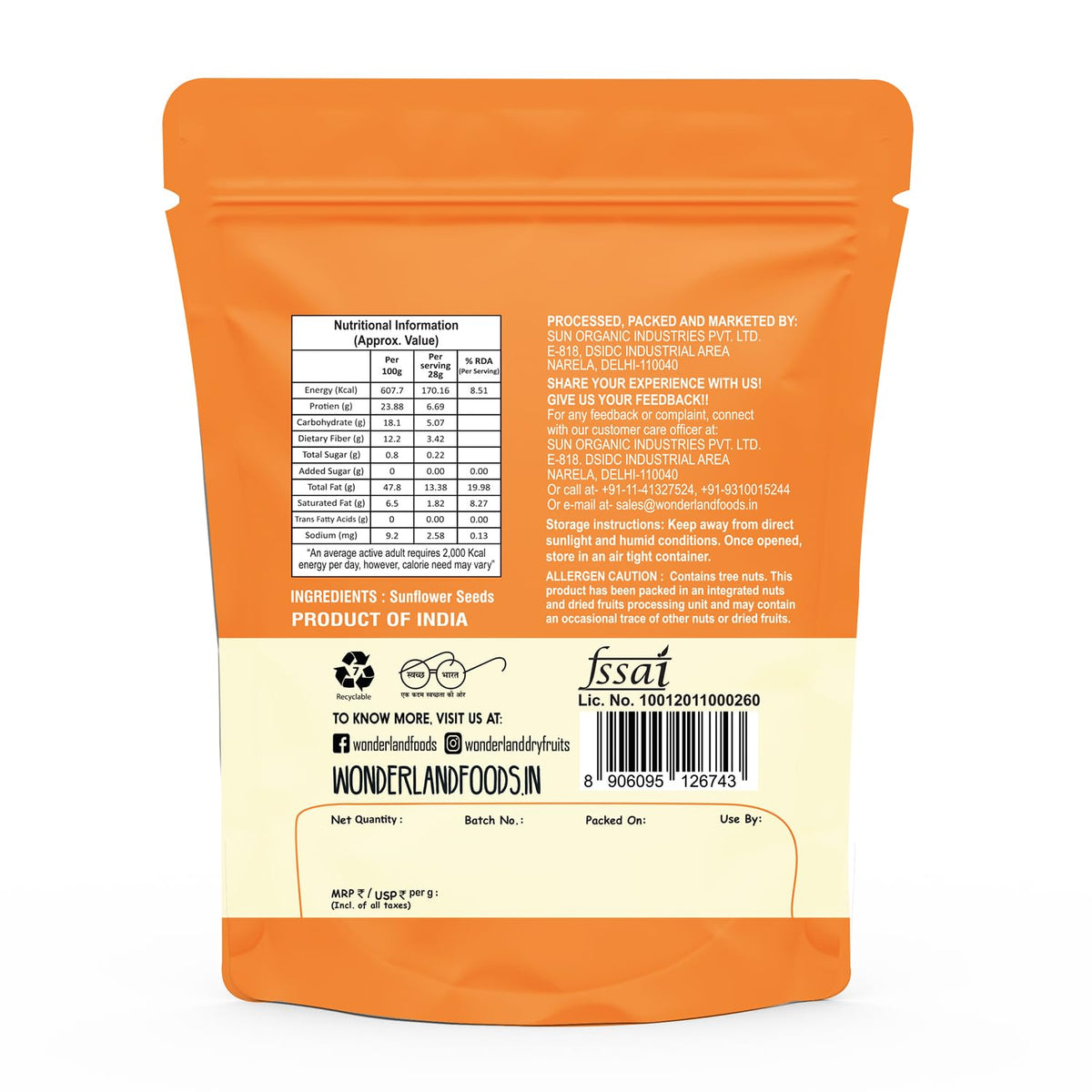 Wonderland foods 250g raw premium sunflower seeds pouch
