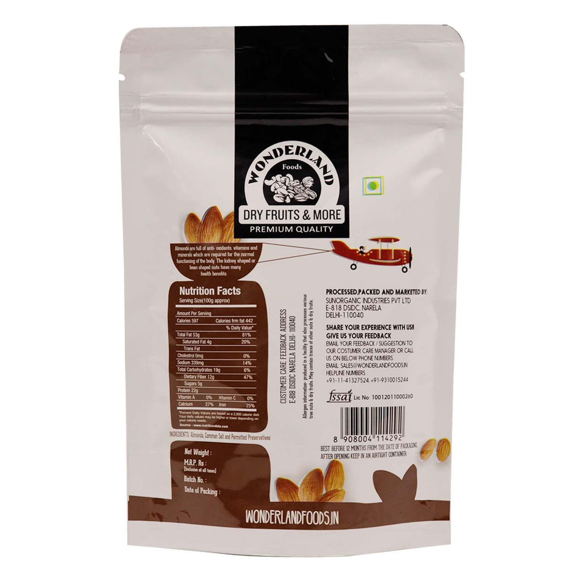 Wonderland foods 200g california roasted & salted almonds pouch