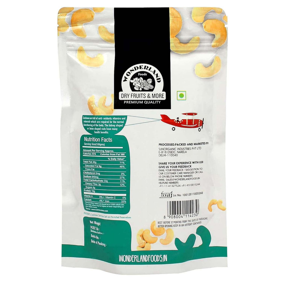 Wonderland foods 200g roasted salted flavoured cashew (kaju) pouch