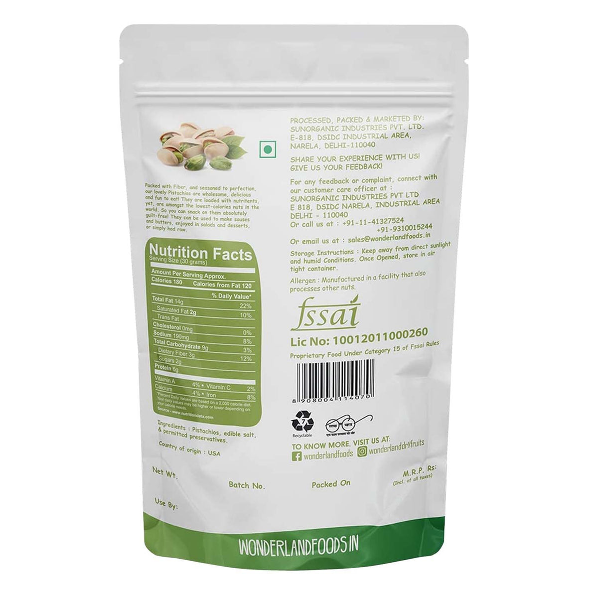 Wonderland foods 200g california roasted & salted pistachios (pista) pouch