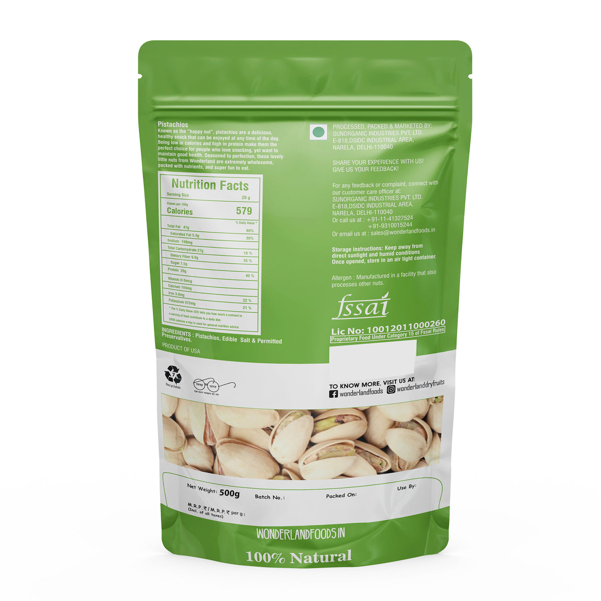 Wonderland foods 500g california roasted & salted pistachios (pista) pouch