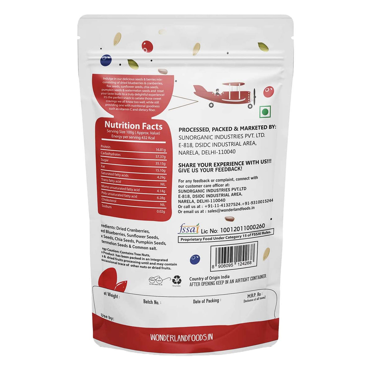Wonderland foods 200g roasted seeds & berries mix pouch