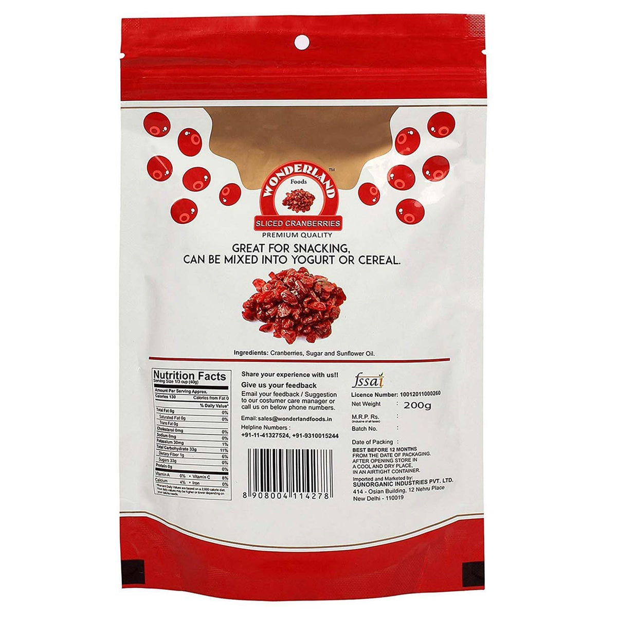Wonderland foods 200g californian sliced & dried cranberry pouch