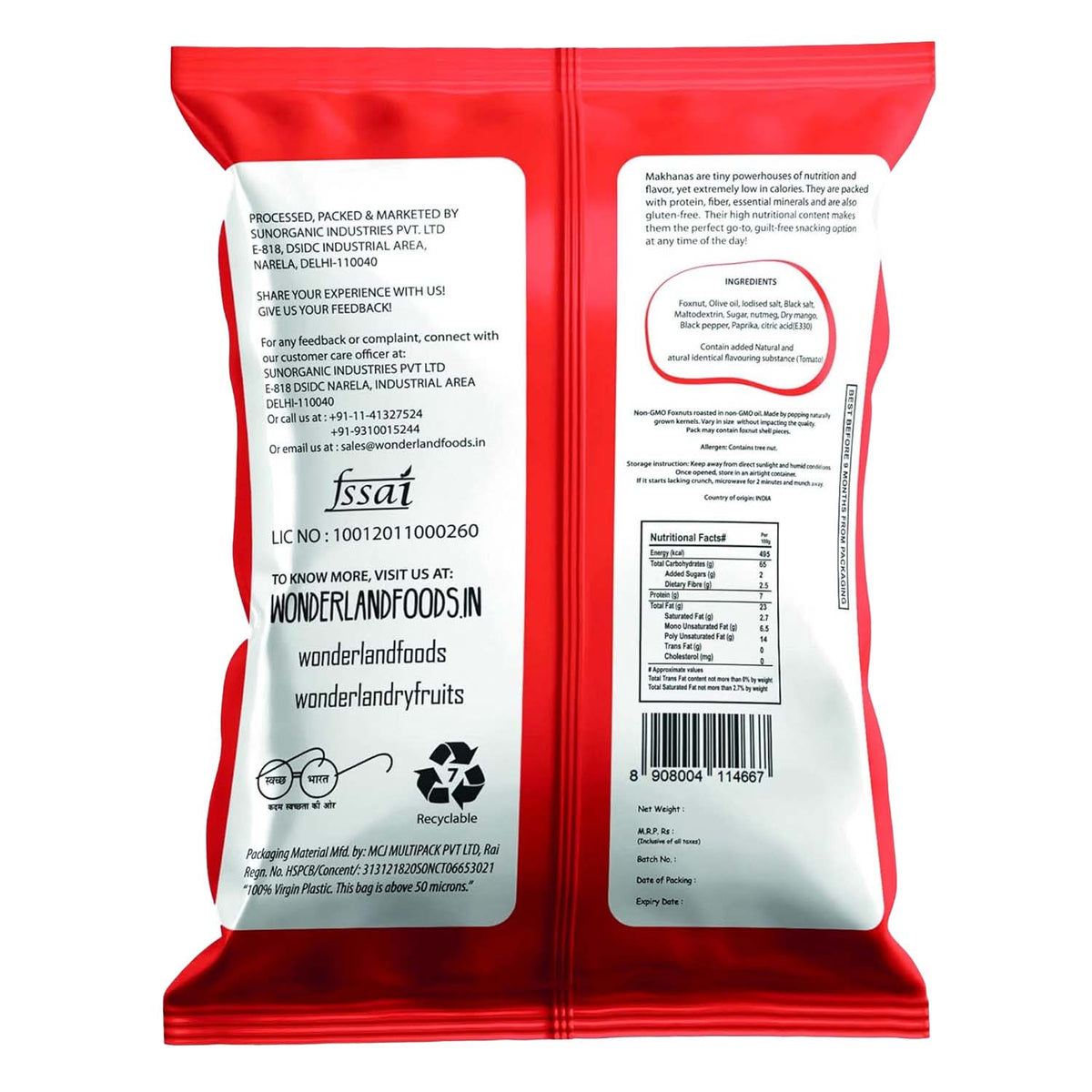 Wonderland foods 100g tangy masala makhana (foxnut) pouch