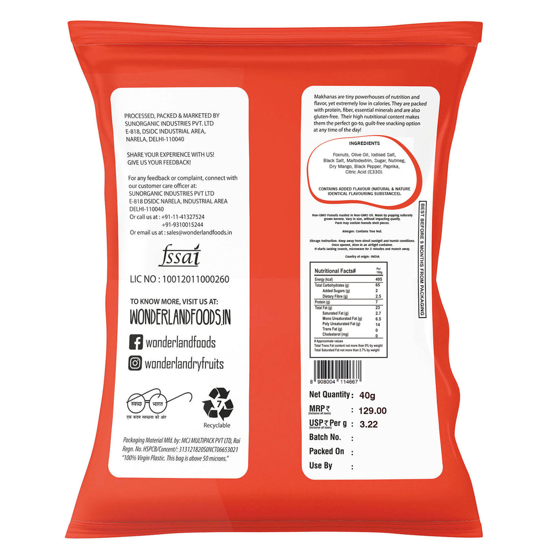 Wonderland Foods 40g Tangy Masala Makhana (Foxnut) Pouch