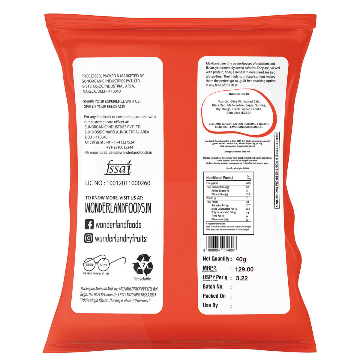 Wonderland foods 40g tangy masala makhana (foxnut) pouch