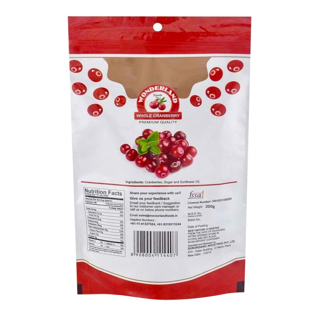 Wonderland foods 200g californian whole cranberry pouch