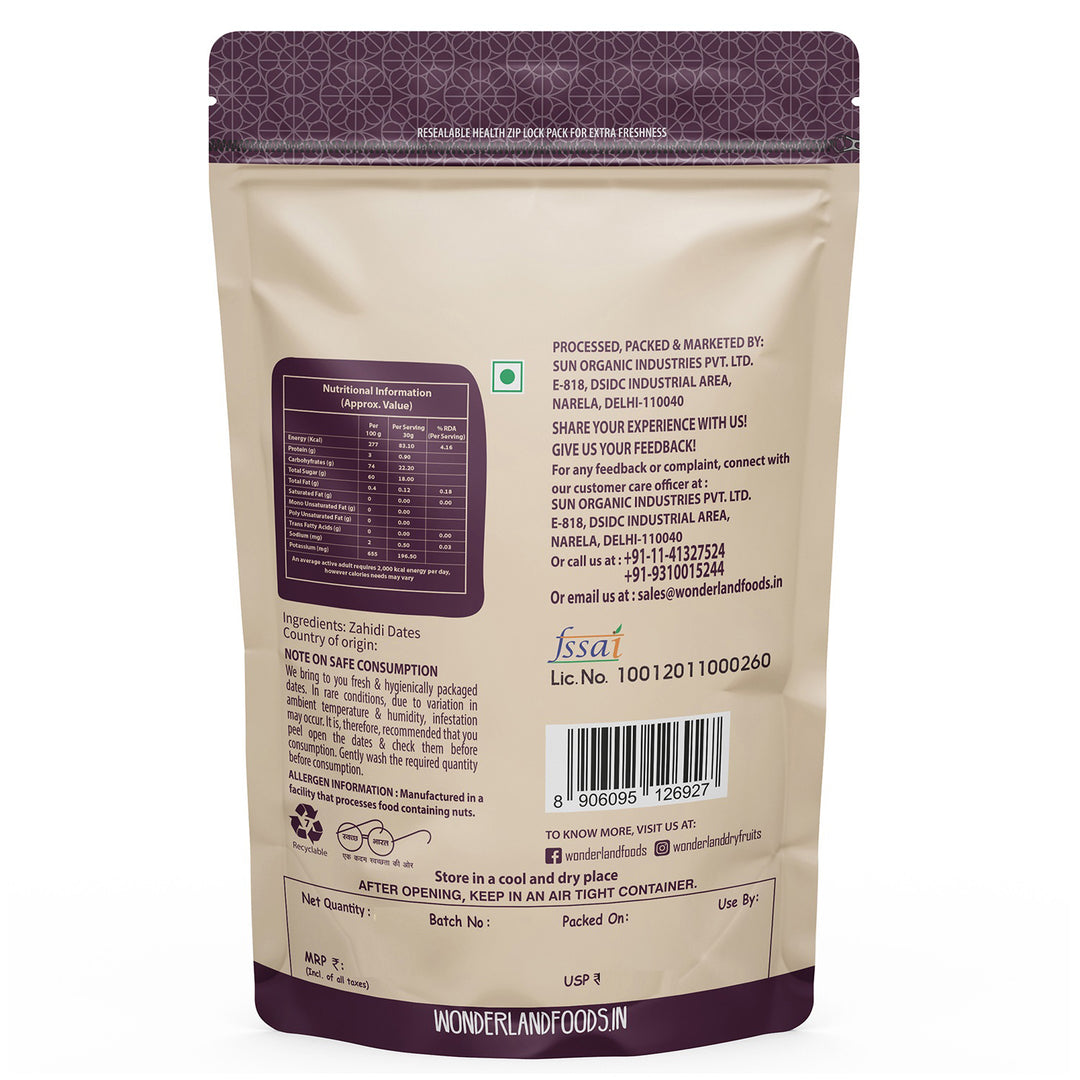 Wonderland Foods 500g Premium Zahidi Dates Pouch