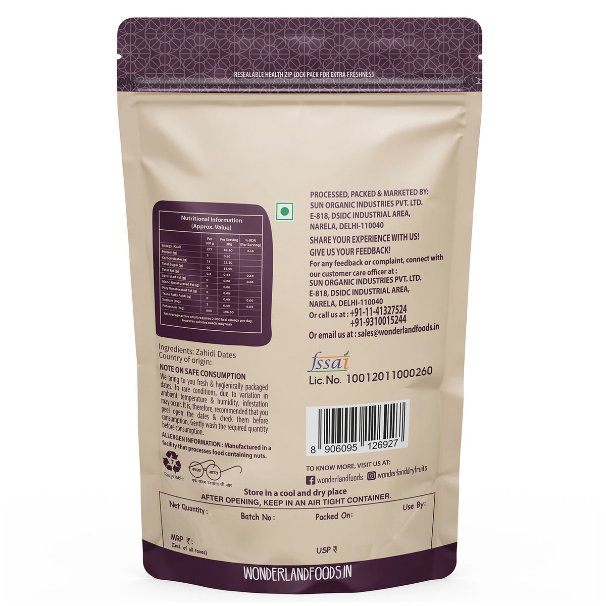 Wonderland foods 500g premium zahidi dates pouch