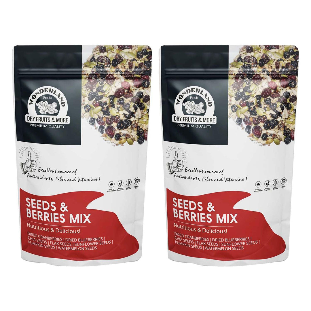 Wonderland Foods 400g (200g X 2) Roasted Seeds & Berries Mix Pouch | Dried Blueberries, Cranberries |Sunflower, Pumpkin, Watermelon, Chia & Flax Seeds