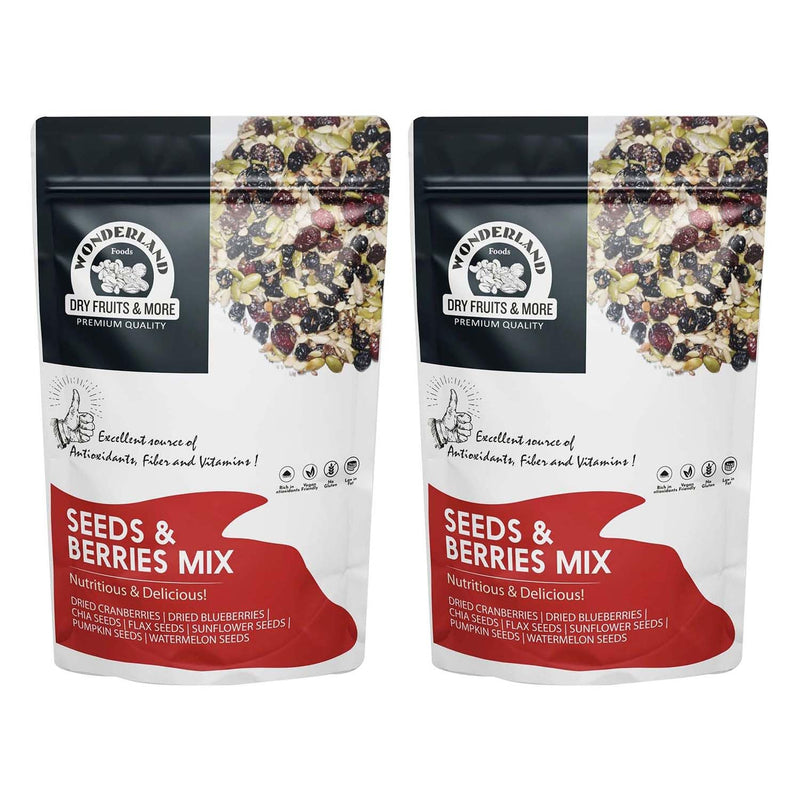 Wonderland Foods 400g (200g X 2) Roasted Seeds & Berries Mix Pouch | Dried Blueberries, Cranberries |Sunflower, Pumpkin, Watermelon, Chia & Flax Seeds