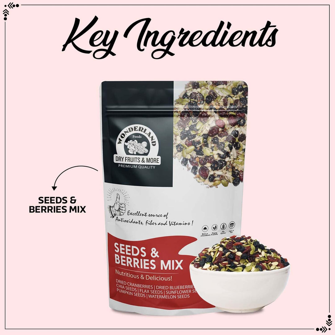 Wonderland Foods 400g (200g X 2) Roasted Seeds & Berries Mix Pouch | Dried Blueberries, Cranberries |Sunflower, Pumpkin, Watermelon, Chia & Flax Seeds