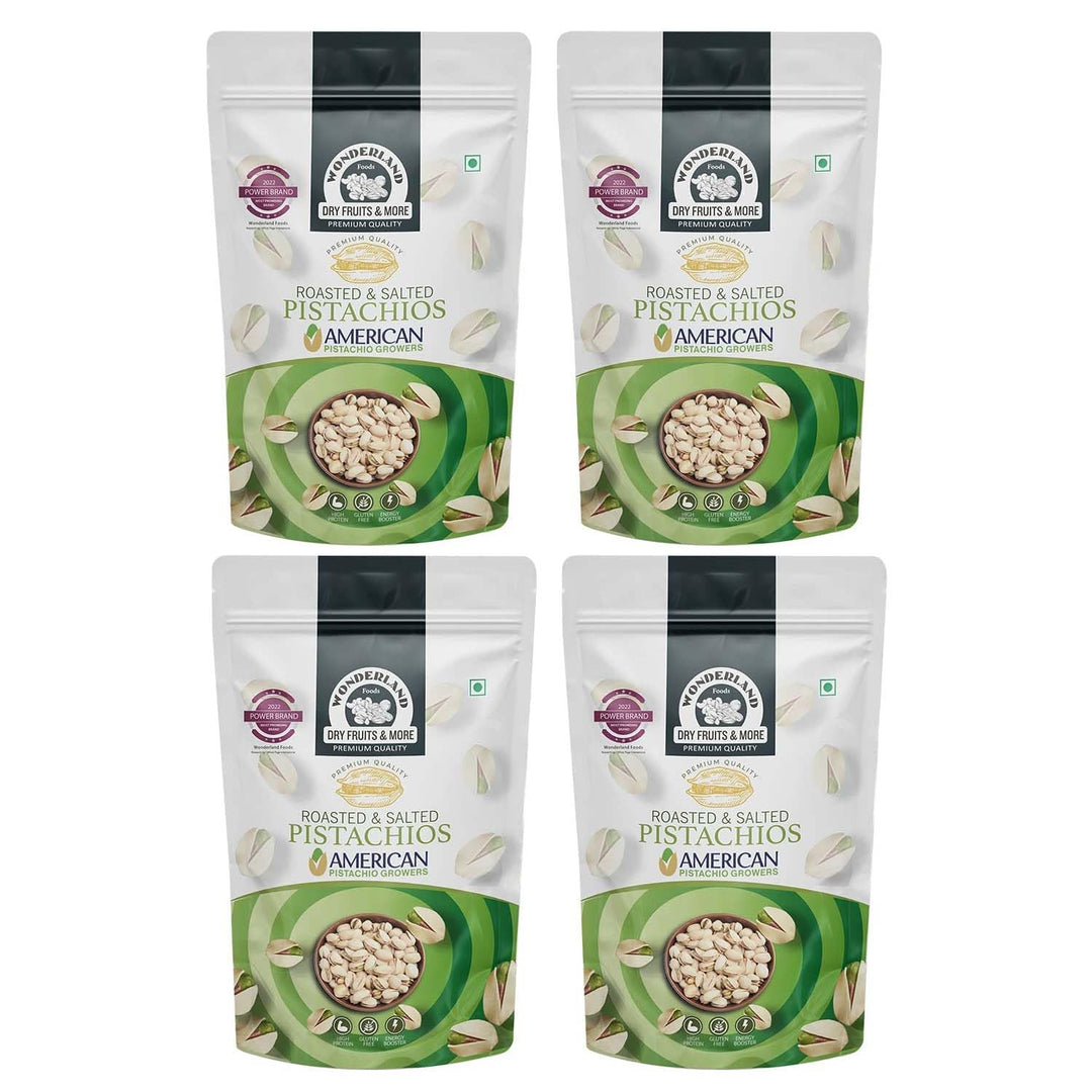 Wonderland Foods 800 Gram (200G X 4) Dry Fruits American California Roasted & Salted Pistachios (Pista) Pouch Combo Pack