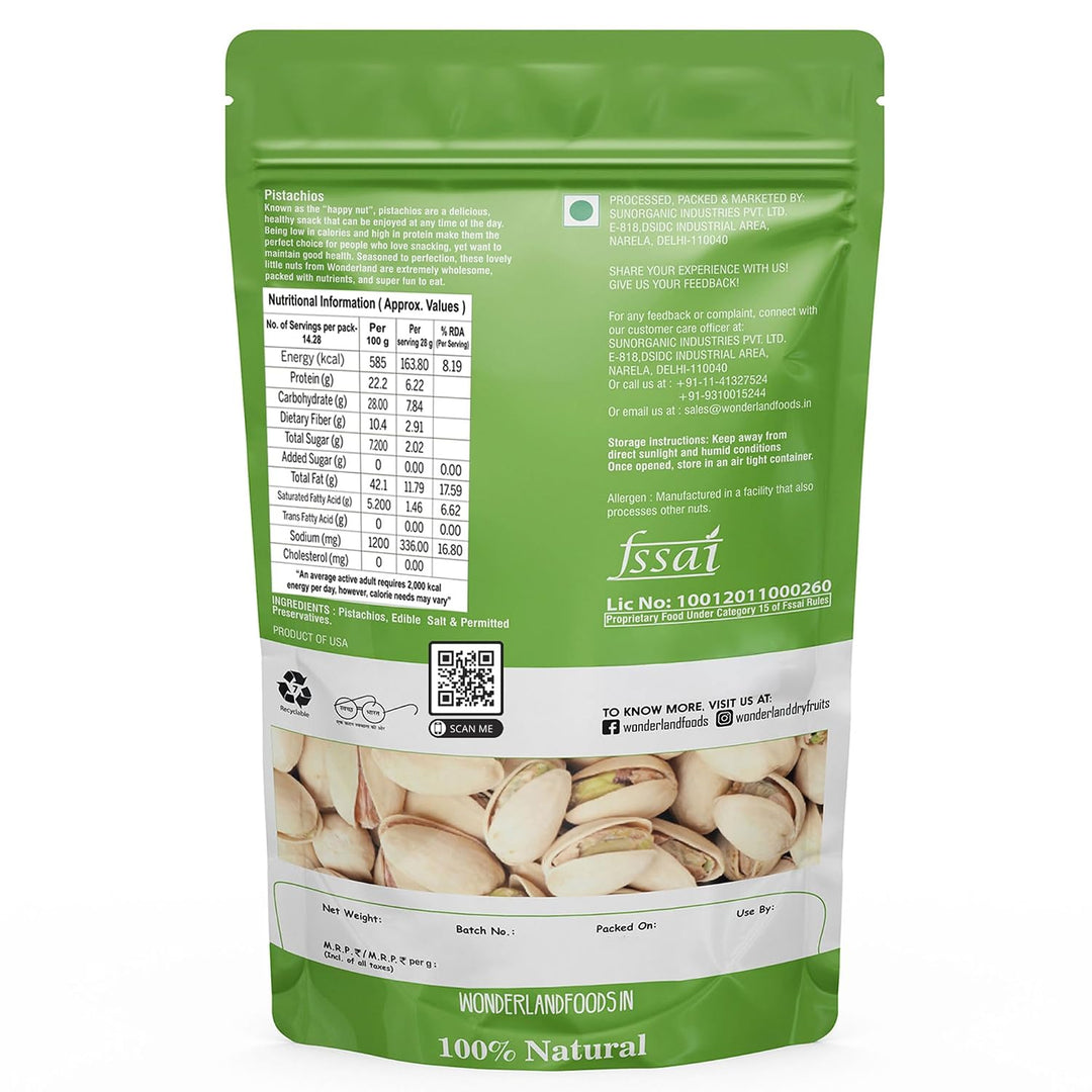 Wonderland foods 500 Gram American California Roasted & Salted Pistachios (Pista) Pouch