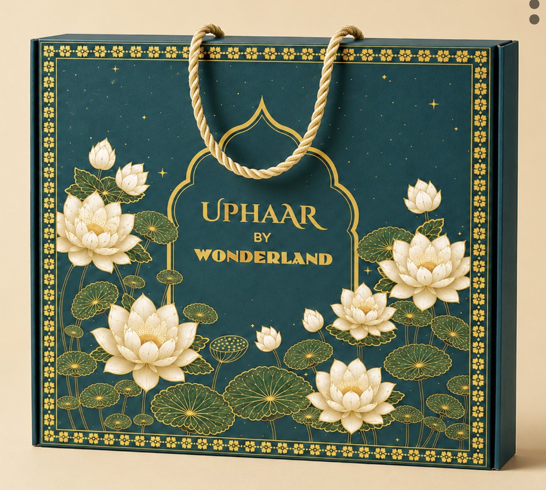 Uphaar Lotus Pond gift box in teal with gold lotuses